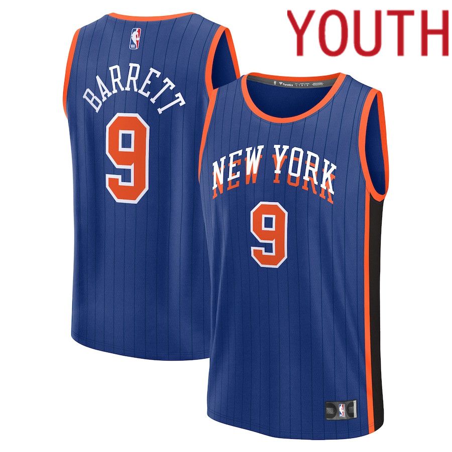 Youth New York Knicks #9 RJ Barrett Fanatics Branded Blue City Edition 2023-24 Fast Break NBA Jersey->youth nba jersey->Youth Jersey